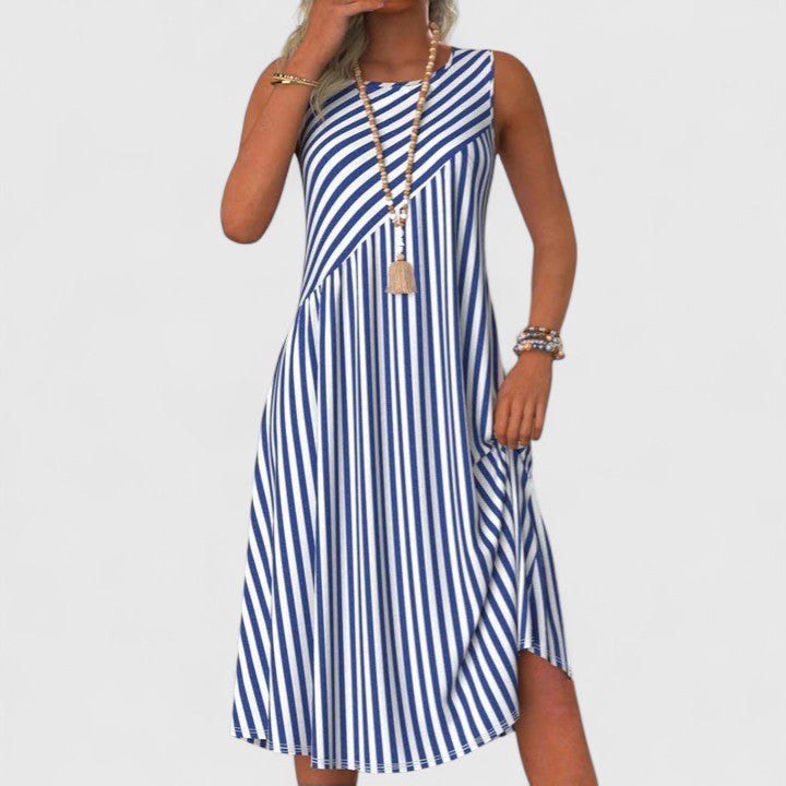 Sailor Women's Sleeveless Stripe Midi Dress Round Neck in Blue and White