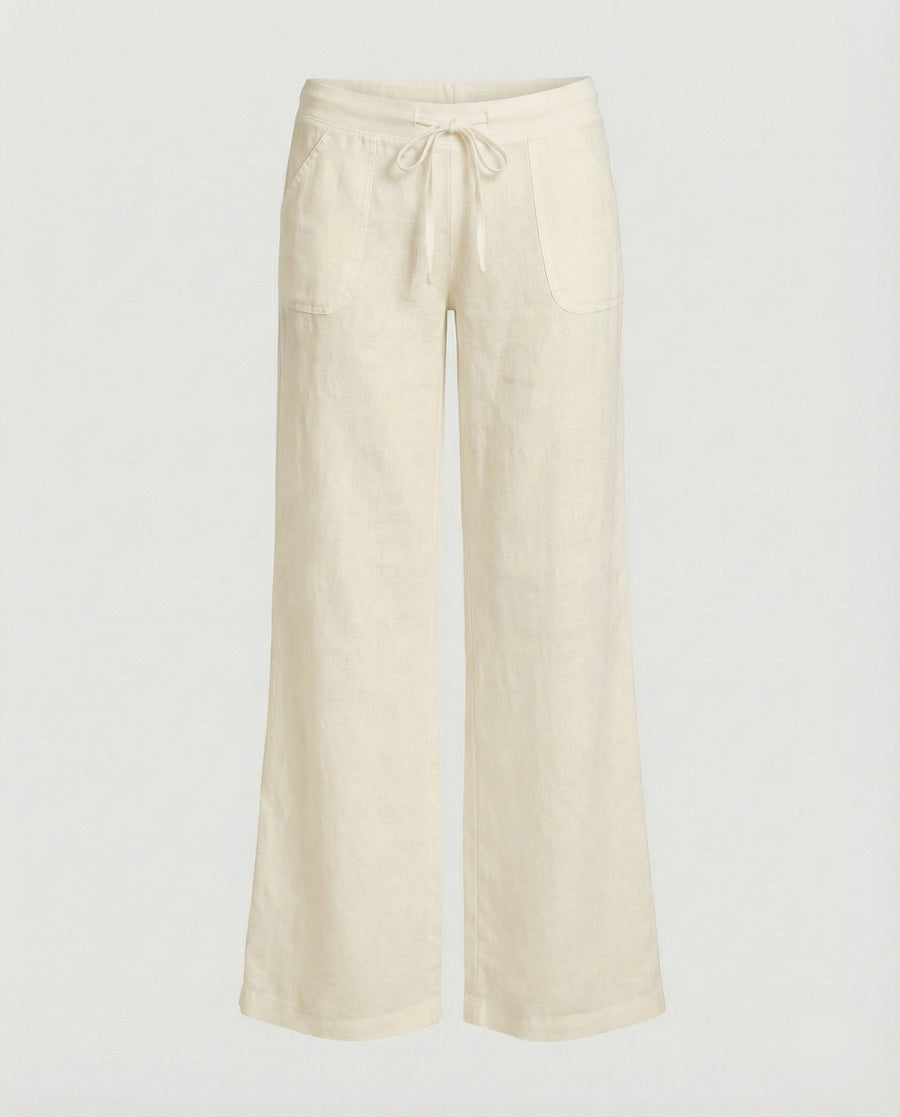 Salome Linen Trousers with Drawstring Waist and Pockets in Beige