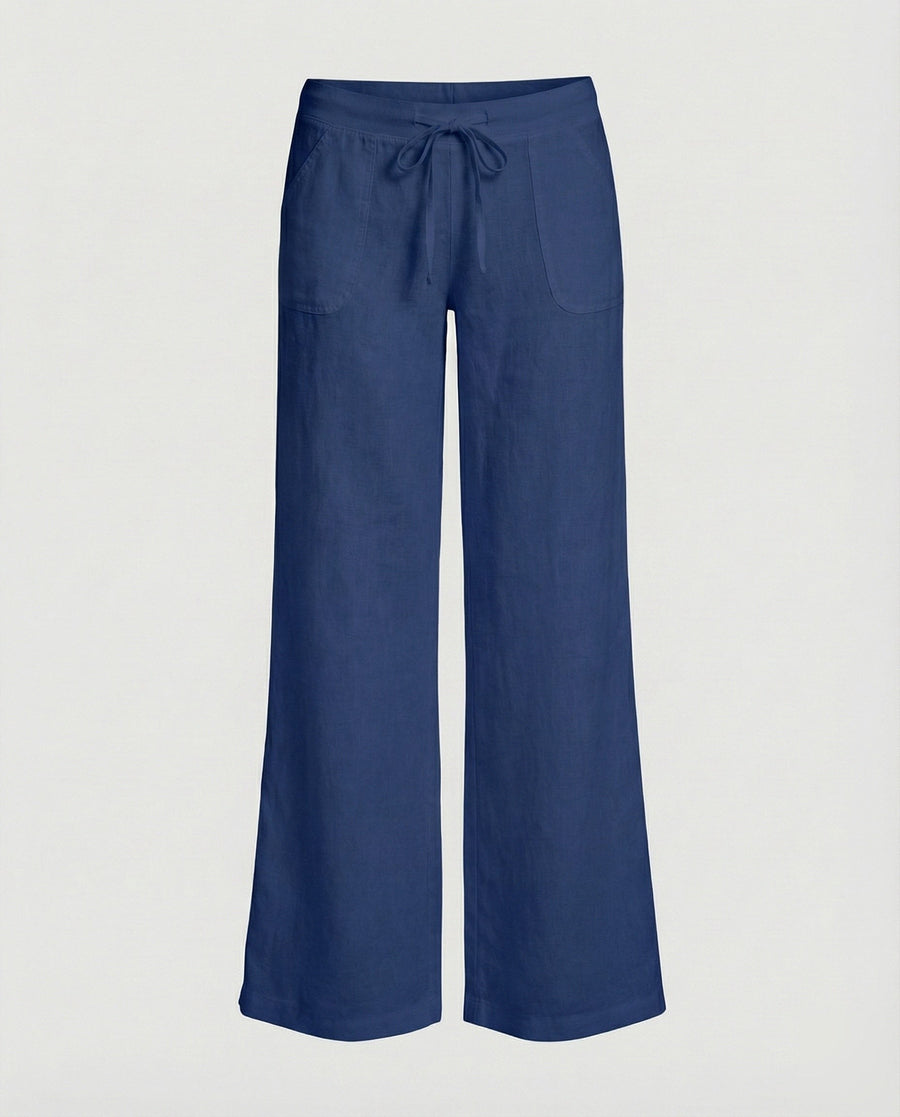 Salome Linen Trousers with Drawstring Waist and Pockets in Blue