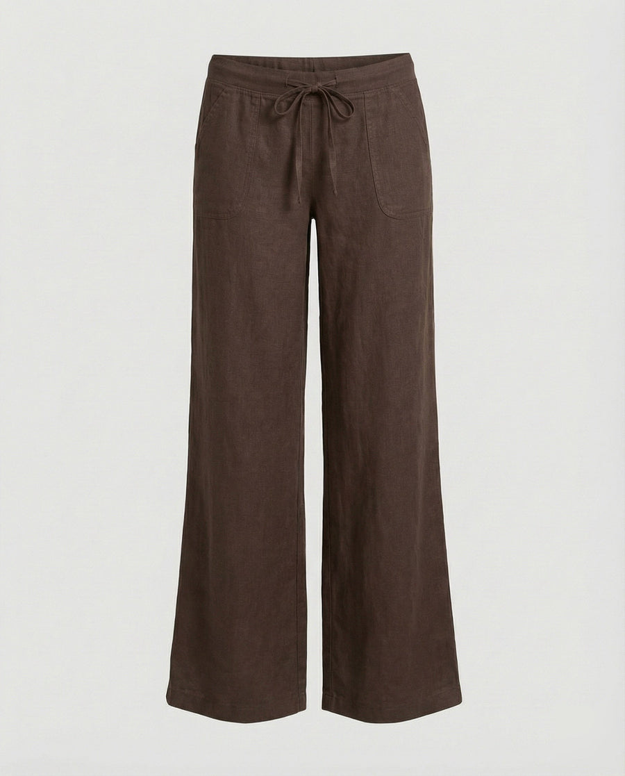 Salome Linen Trousers with Drawstring Waist and Pockets in Brown
