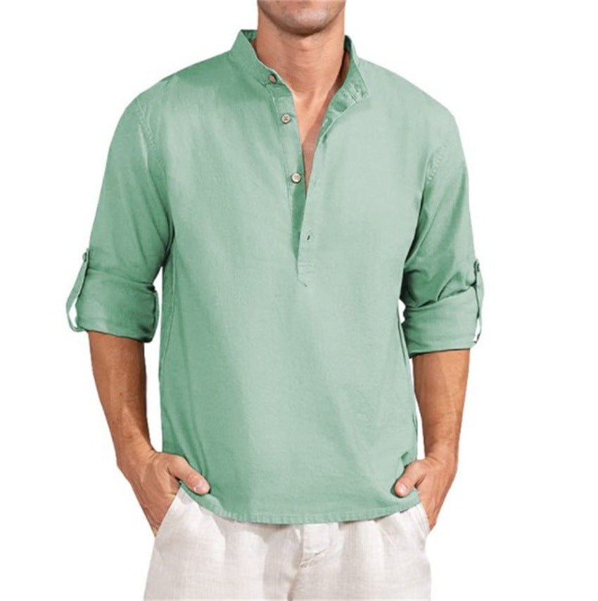 Sander Linen Shirt with Stand Collar in Green