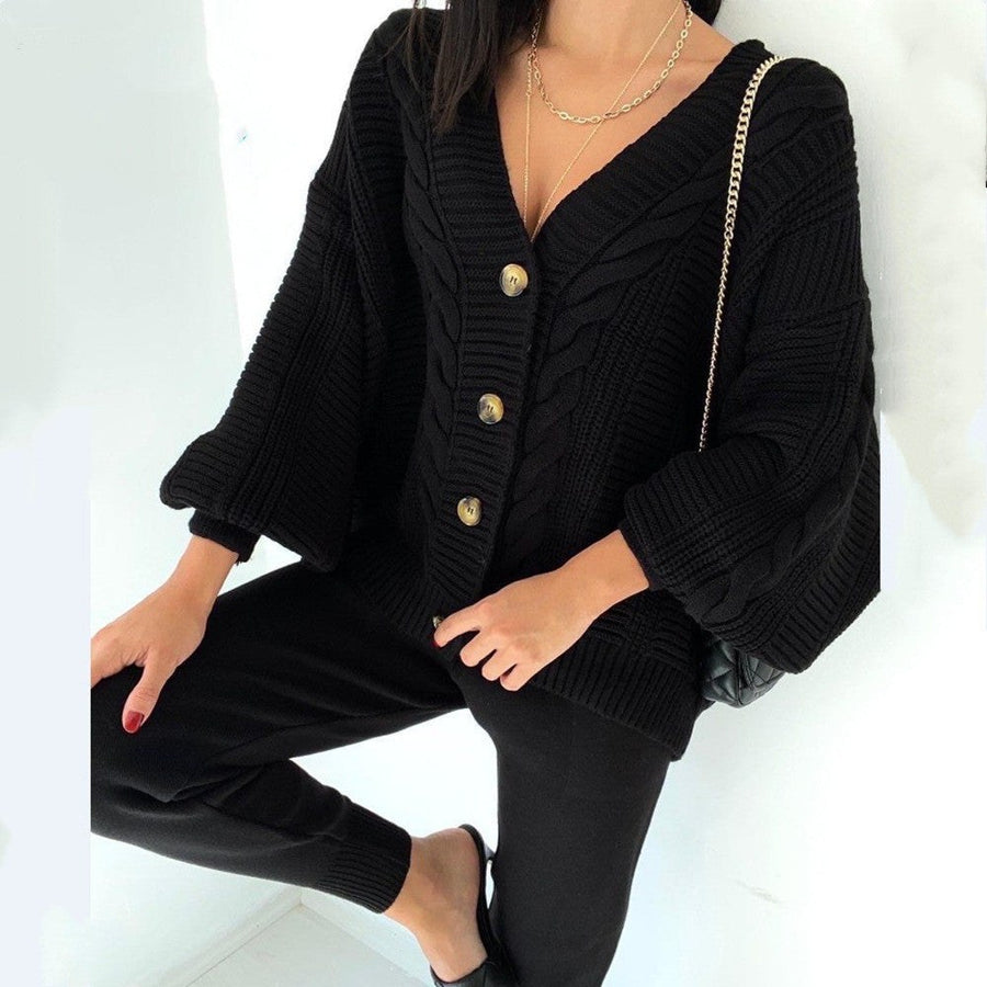 Sandrine Knit Cardigan with V-Neck in Black