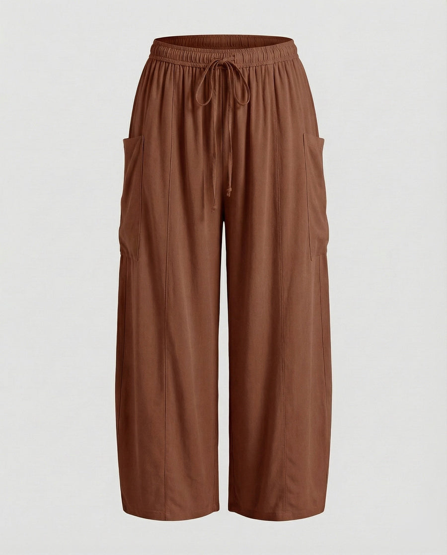 Sandrine Linen Trousers with Drawstring Waist and Pockets in Brown