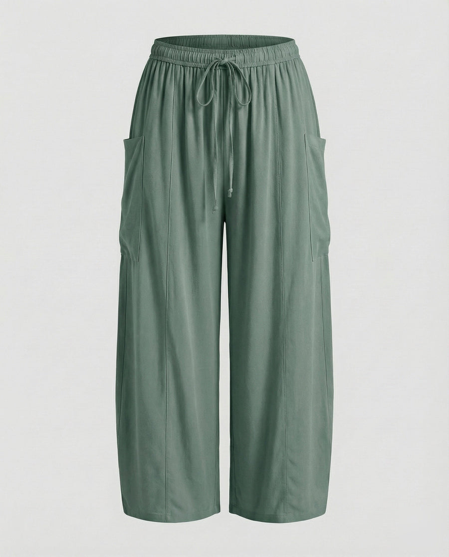 Sandrine Linen Trousers with Drawstring Waist and Pockets in Green