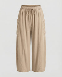 Sandrine Linen Trousers with Drawstring Waist and Pockets in Khaki