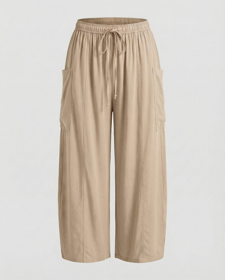 Sandrine Linen Trousers with Drawstring Waist and Pockets in Khaki