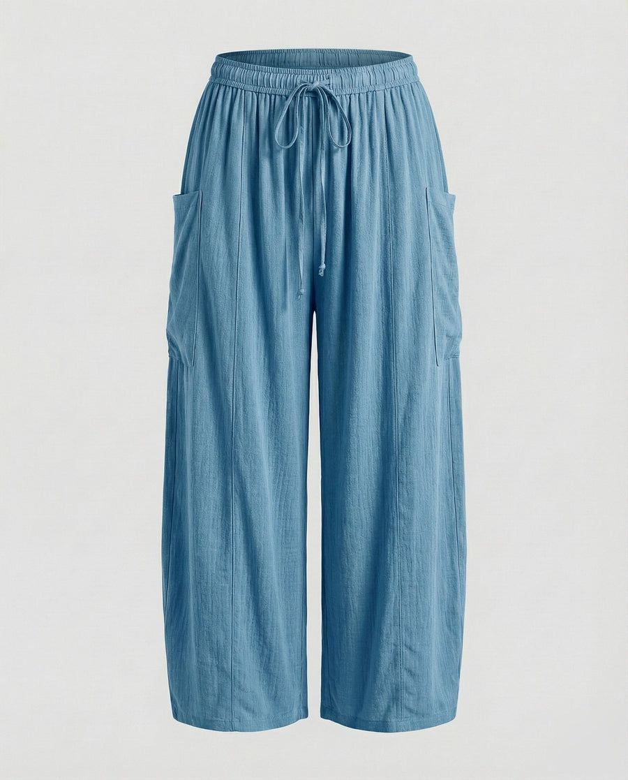 Sandrine Linen Trousers with Drawstring Waist and Pockets in Light Blue