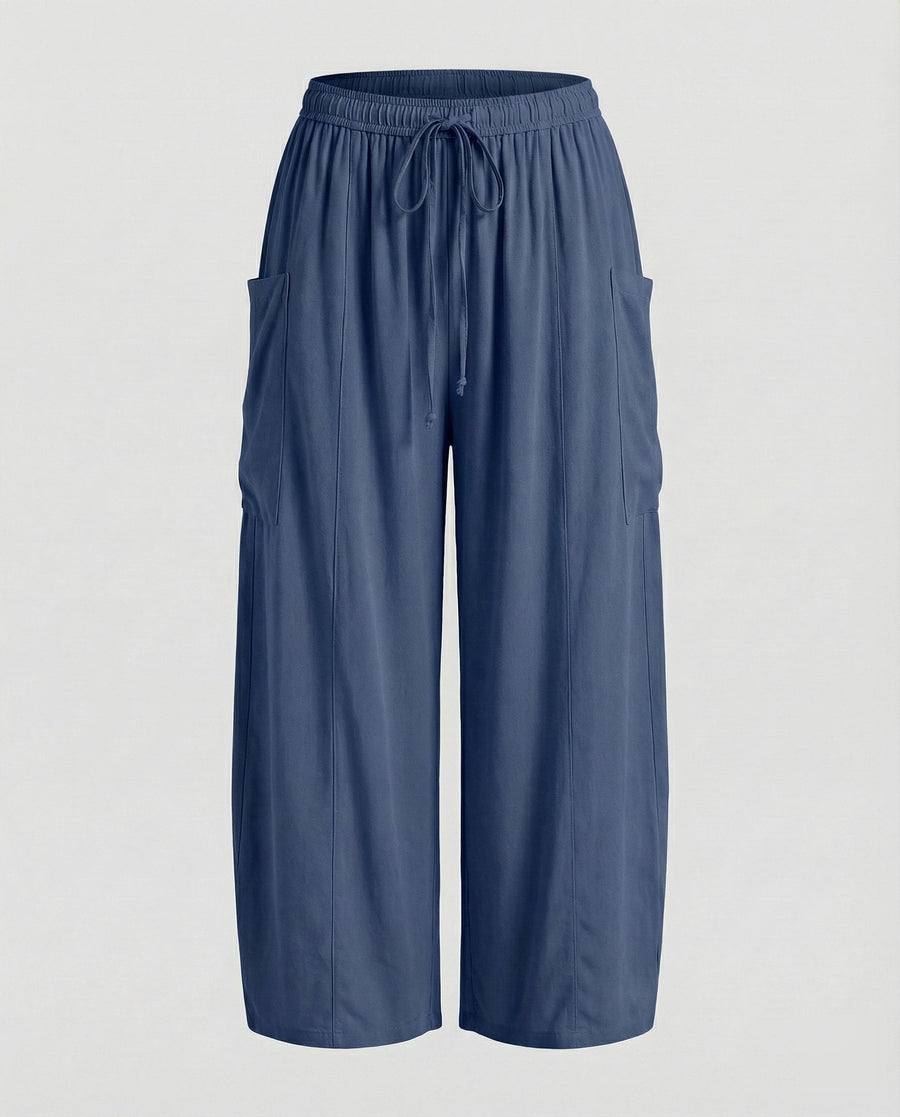Sandrine Linen Trousers with Drawstring Waist and Pockets in Navy