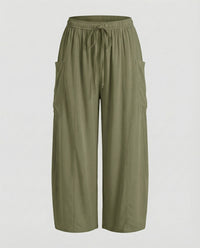 Sandrine Linen Trousers with Drawstring Waist and Pockets in Olive Green