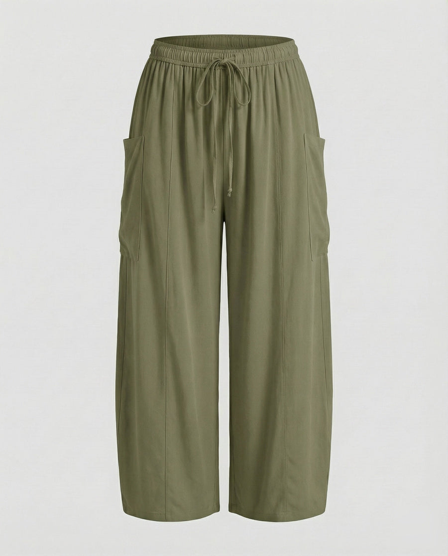 Sandrine Linen Trousers with Drawstring Waist and Pockets in Olive Green