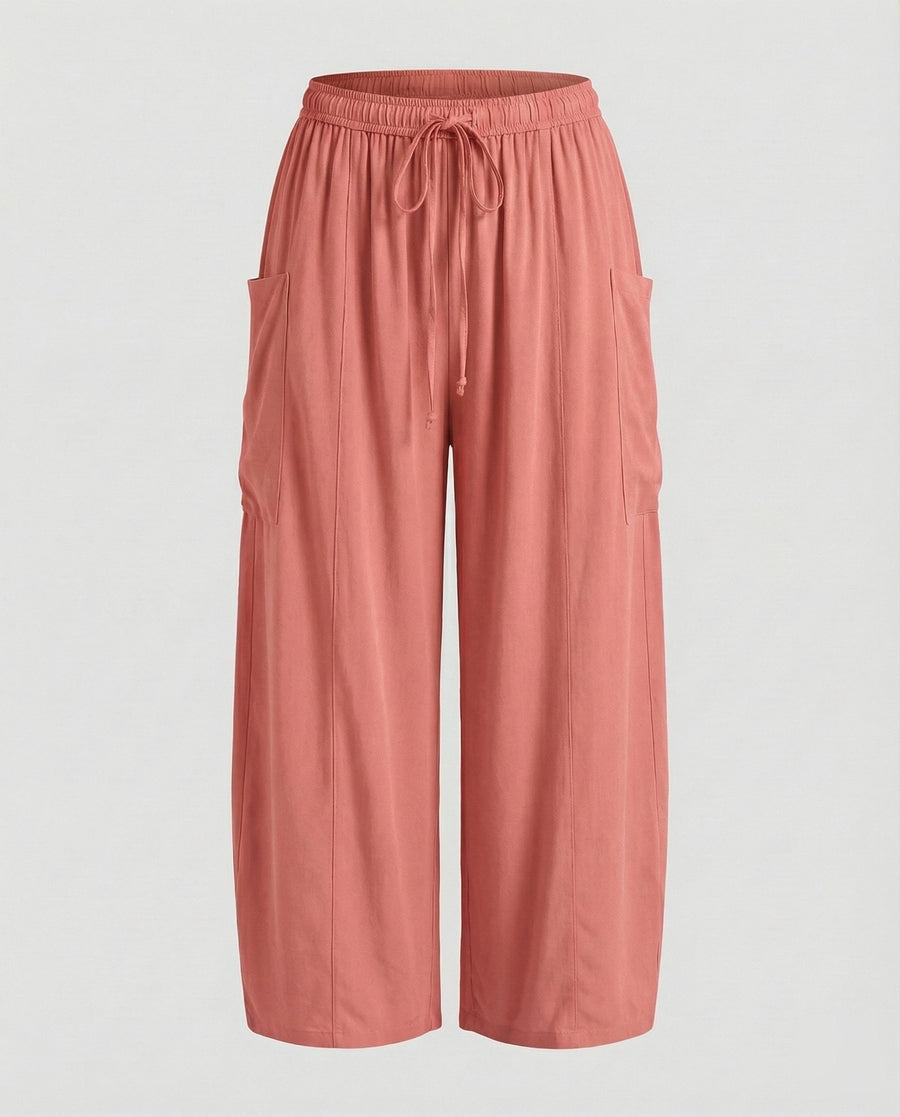 Sandrine Linen Trousers with Drawstring Waist and Pockets in Pink