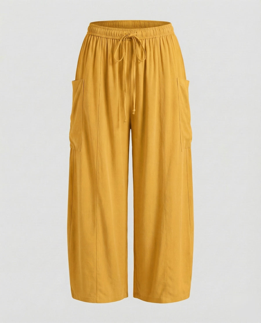 Sandrine Linen Trousers with Drawstring Waist and Pockets in Yellow