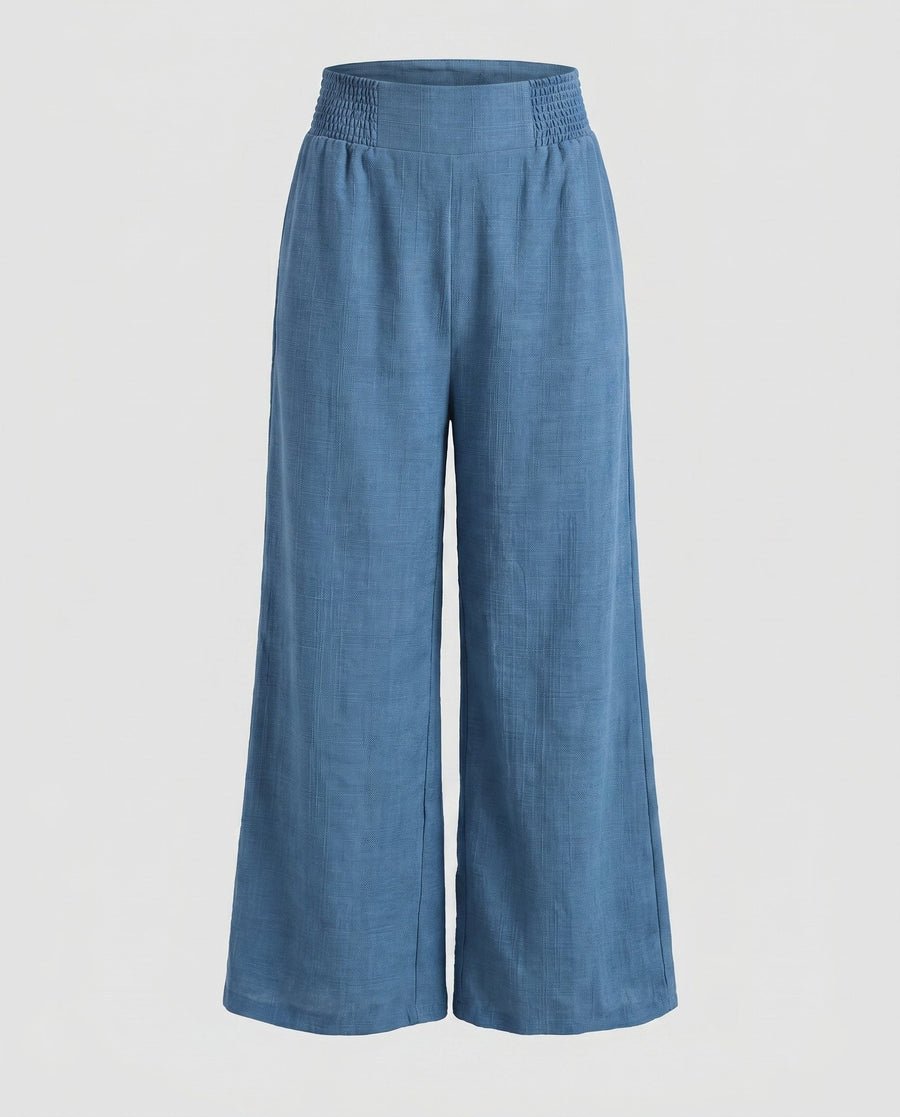 Sandrine Linen Trousers with Elastic Waist and Pleated in Denim Blue