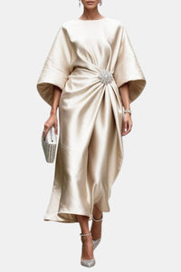 Saoirse Women's Formal Midi Dress with Brooch Detail in Beige