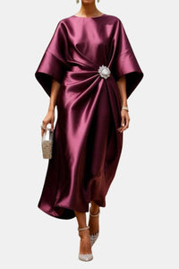 Saoirse Women's Formal Midi Dress with Brooch Detail in Burgundy