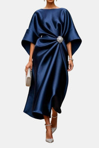 Saoirse Women's Formal Midi Dress with Brooch Detail in Dark Blue