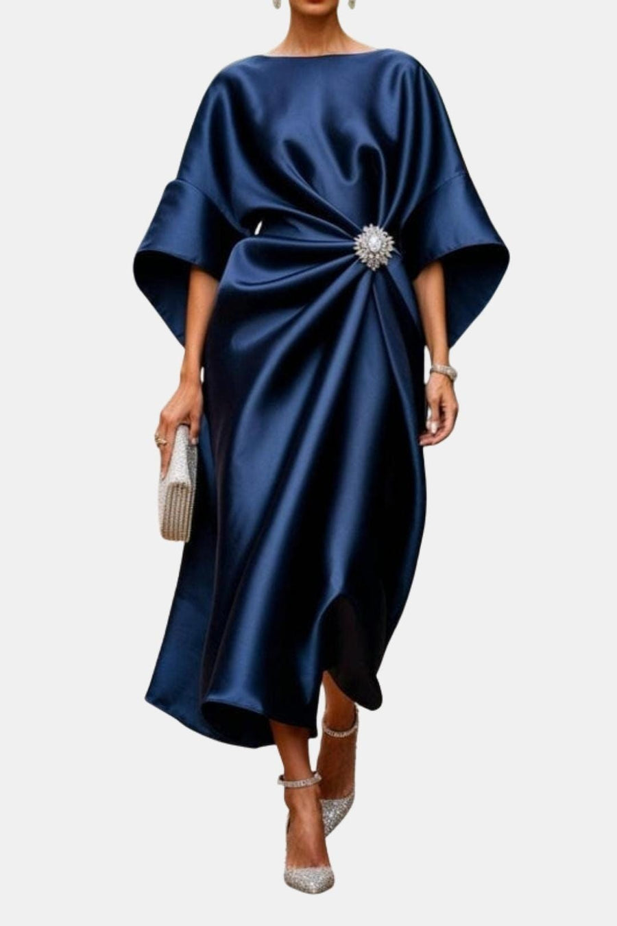Saoirse Women's Formal Midi Dress with Brooch Detail in Dark Blue
