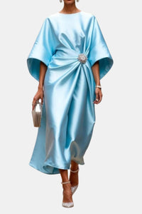 Saoirse Women's Formal Midi Dress with Brooch Detail in Light Blue