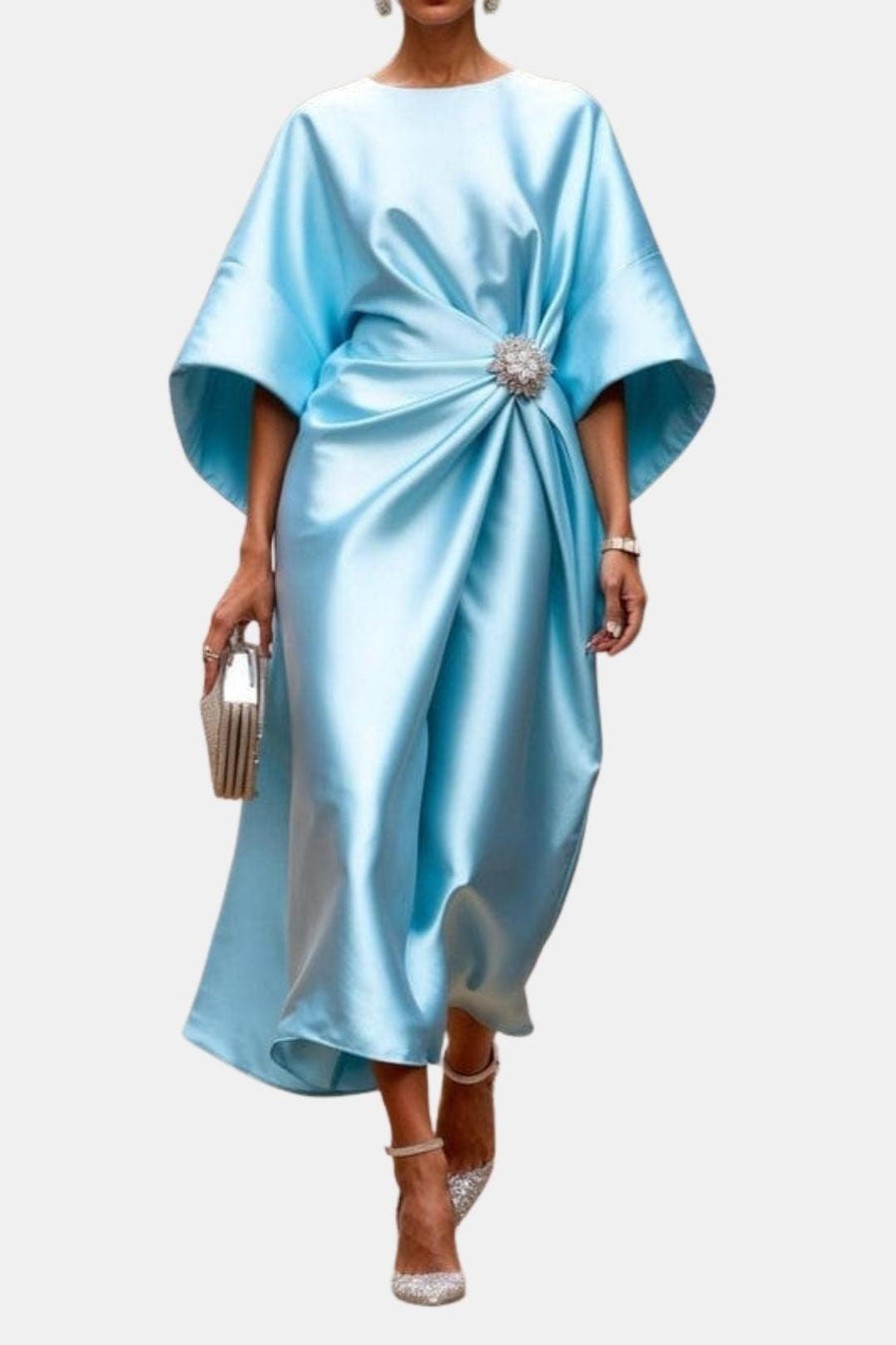 Saoirse Women's Formal Midi Dress with Brooch Detail in Light Blue