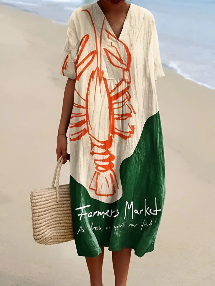 Sarah™ Lobster Print Graphic Dress in Cream
