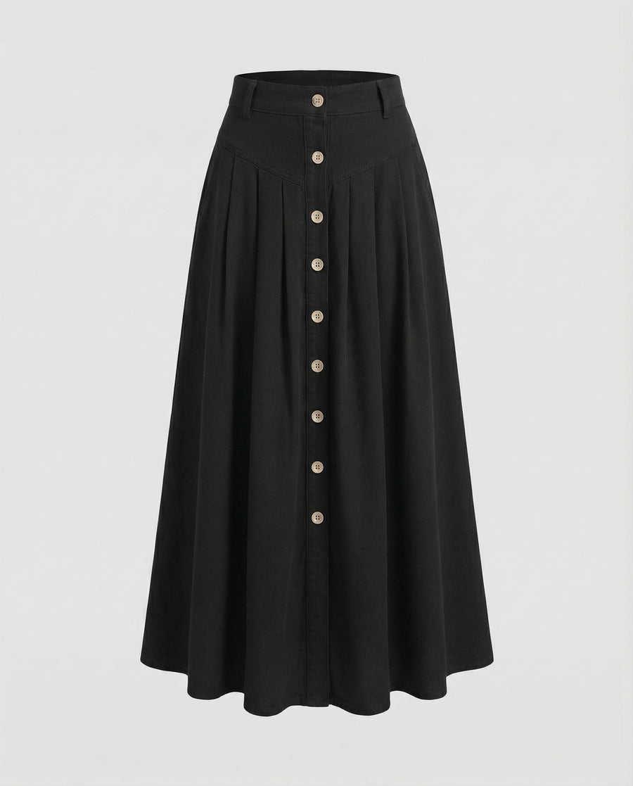 Sarai Boho Skirt with Button Front and Side Pockets in Black