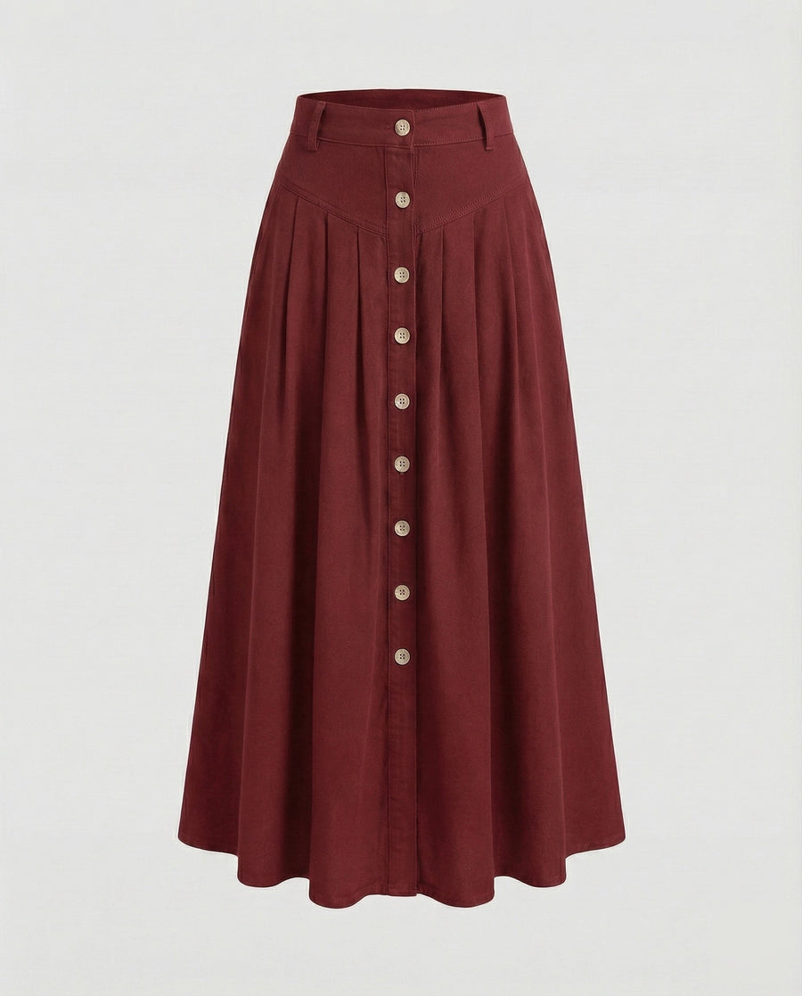 Sarai Boho Skirt with Button Front and Side Pockets in Burgundy