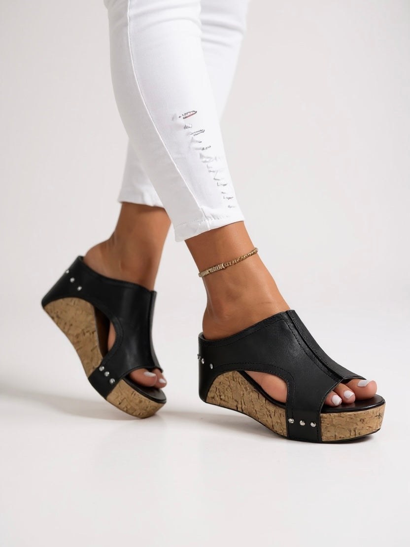 Sasha Wedge Slide Sandals in Black