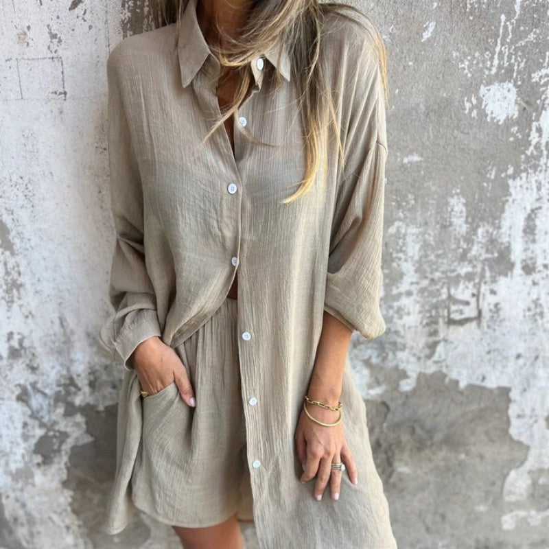 Sasha Women's 2 Piece Linen Shirt and Shorts Set Long Sleeve