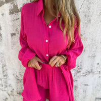 Sasha Women's 2 Piece Linen Shirt and Shorts Set Long Sleeve