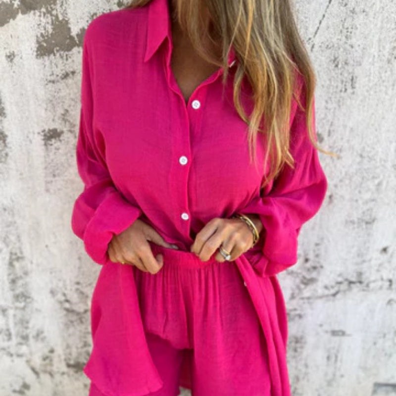 Sasha Women's 2 Piece Linen Shirt and Shorts Set Long Sleeve
