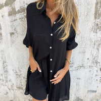 Sasha Women's 2 Piece Linen Shirt and Shorts Set Long Sleeve in Black