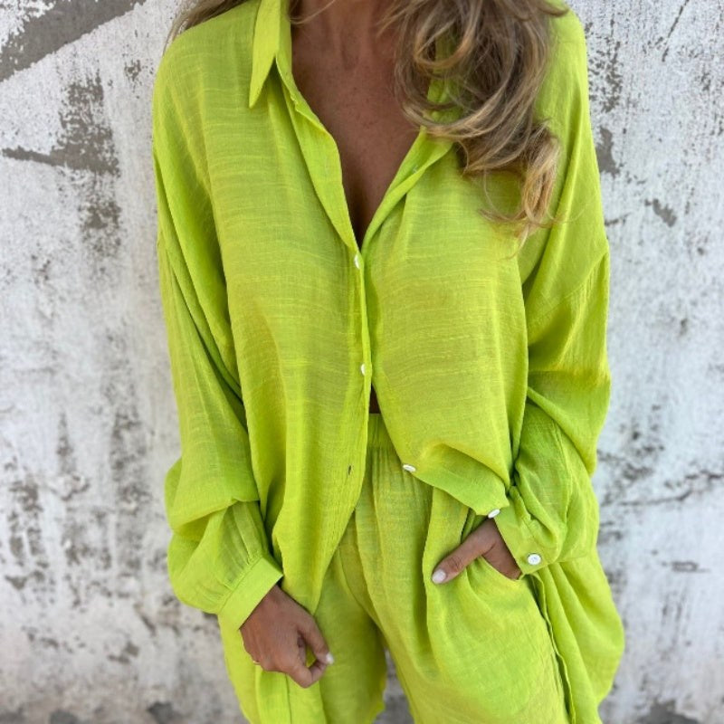 Sasha Women's 2 Piece Linen Shirt and Shorts Set Long Sleeve in Green