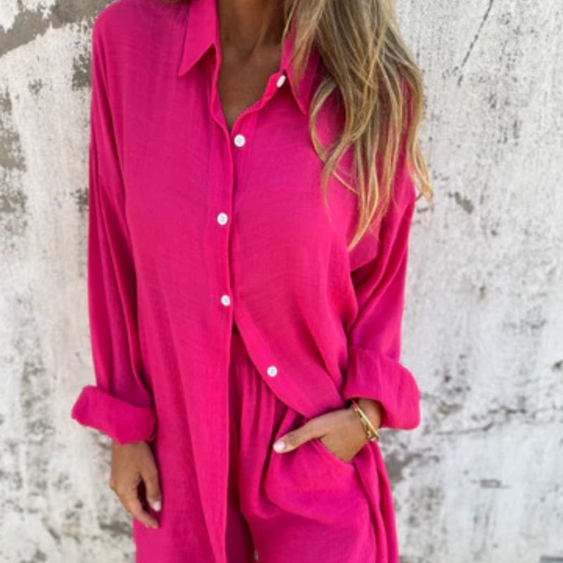 Sasha Women's 2 Piece Linen Shirt and Shorts Set Long Sleeve in Pink