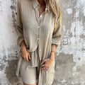 Sasha Women's 2 Piece Linen Shirt and Shorts Set Long Sleeve