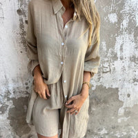 Sasha Women's 2 Piece Linen Shirt and Shorts Set Long Sleeve
