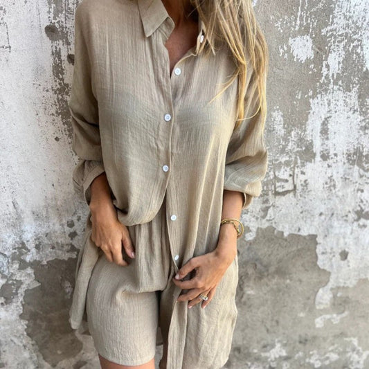Sasha Women's 2 Piece Linen Shirt and Shorts Set Long Sleeve