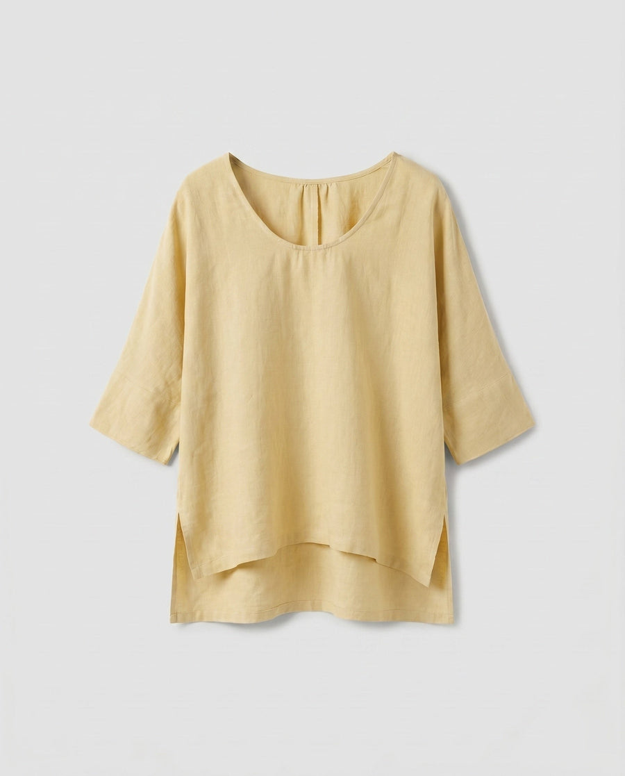 Saskia Casual Linen Top with Crew Neck in Light Yellow