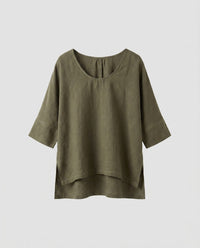 Saskia Casual Linen Top with Crew Neck in Olive Green