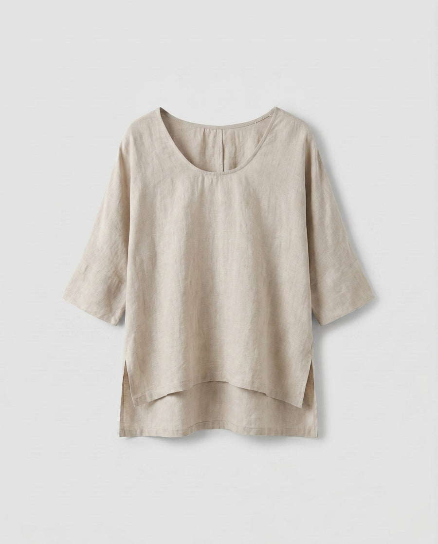 Saskia Casual Linen Top with Crew Neck in Rauchweiß