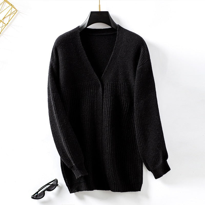 Saskia Relaxed Knit Cardigan with V-Neck in Black