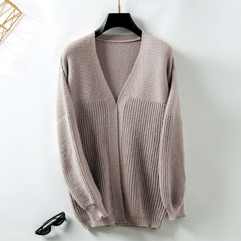 Saskia Relaxed Knit Cardigan with V-Neck in Khaki