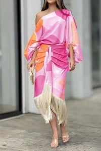 Saskia Women's One Shoulder Fringe Midi Set in Pink