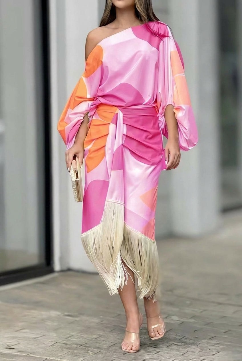 Saskia Women's One Shoulder Fringe Midi Set in Pink