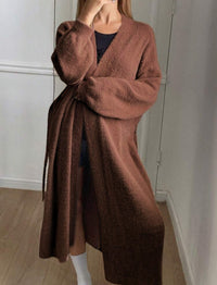 Selene Cardigan with V-Neck and Belted in Brown