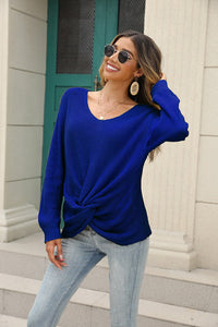 Selene Casual Knit Sweater with V-Neck in Blue