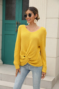 Selene Casual Knit Sweater with V-Neck in Yellow