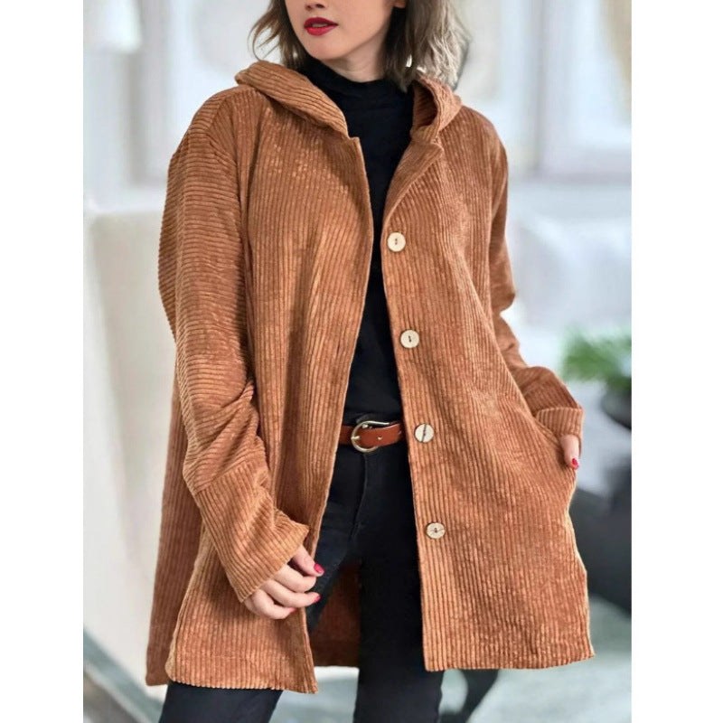 Selene Corduroy Jacket with Hood in Light Brown