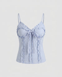Selene Linen Set with Ruffles and Fitted in Blue