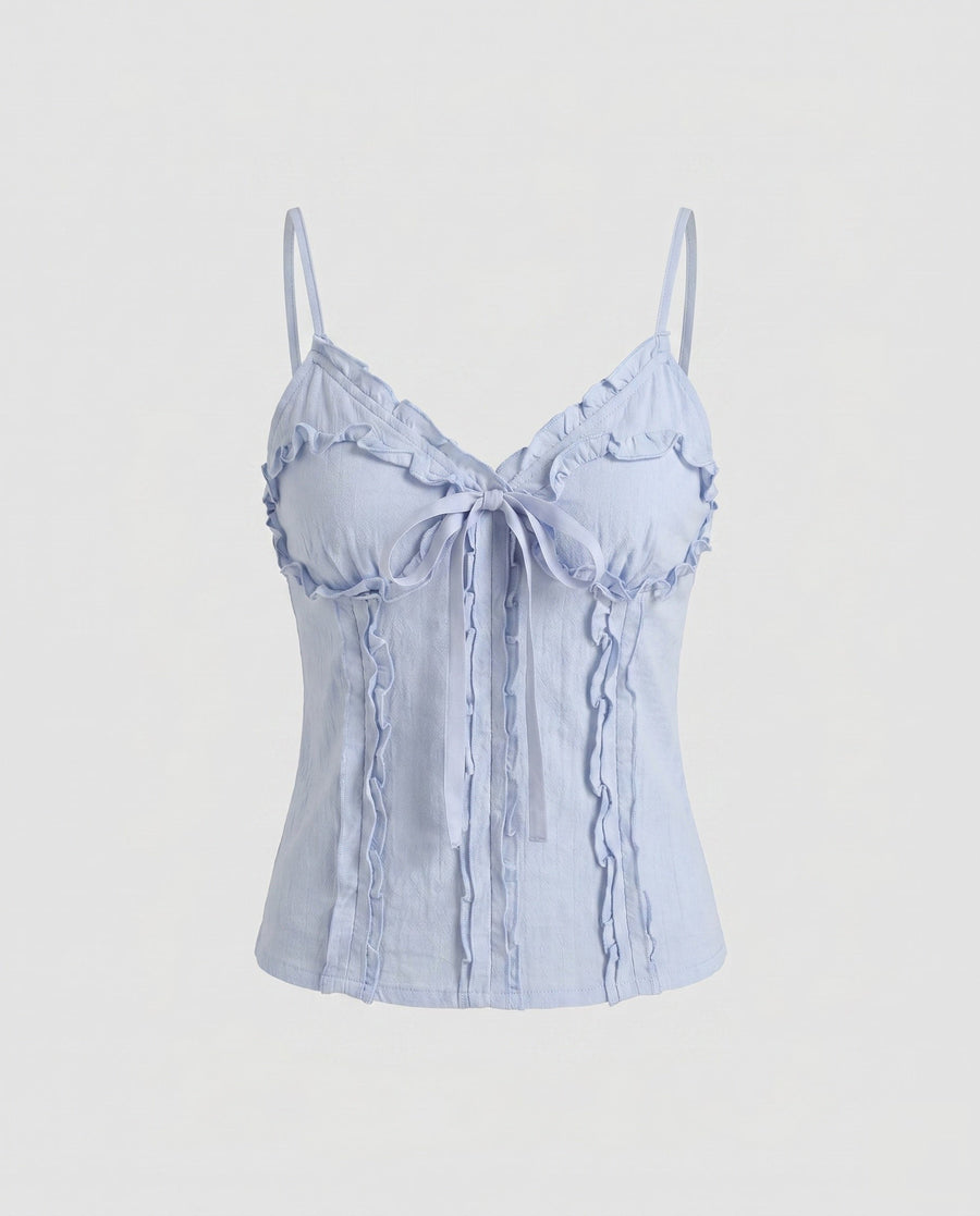 Selene Linen Set with Ruffles and Fitted in Blue