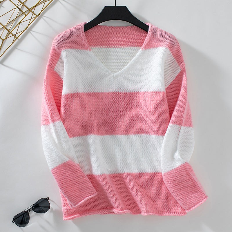 Selma Casual Knit Sweater with V-Neck in Pink